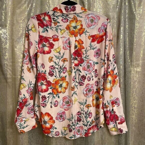 Express Peach Floral Poppy Slim Fit Button Down Portofino Blouse, Small - Picture 2 of 5